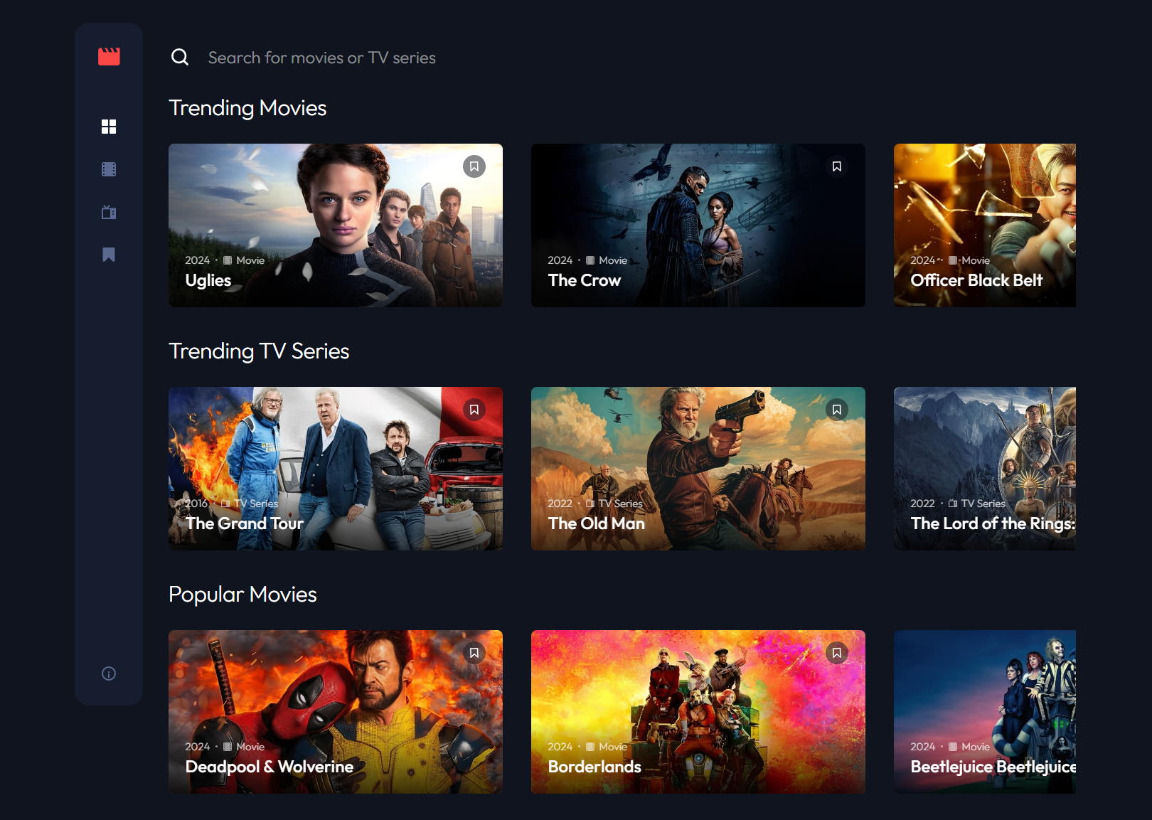 Screenshot of the desktop view of entertainment web app